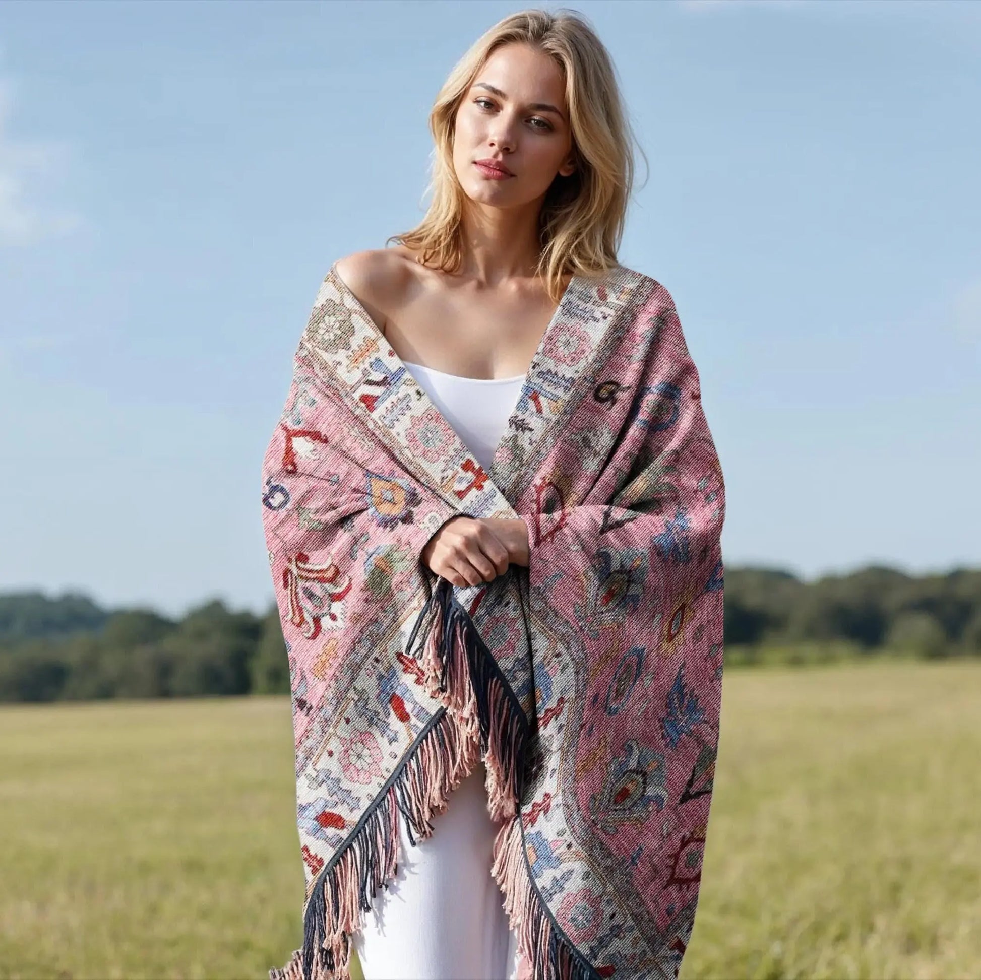 Woven Throw Blanket - Turkish Picnic Coverlet With Soft Cotton Fringed Edges