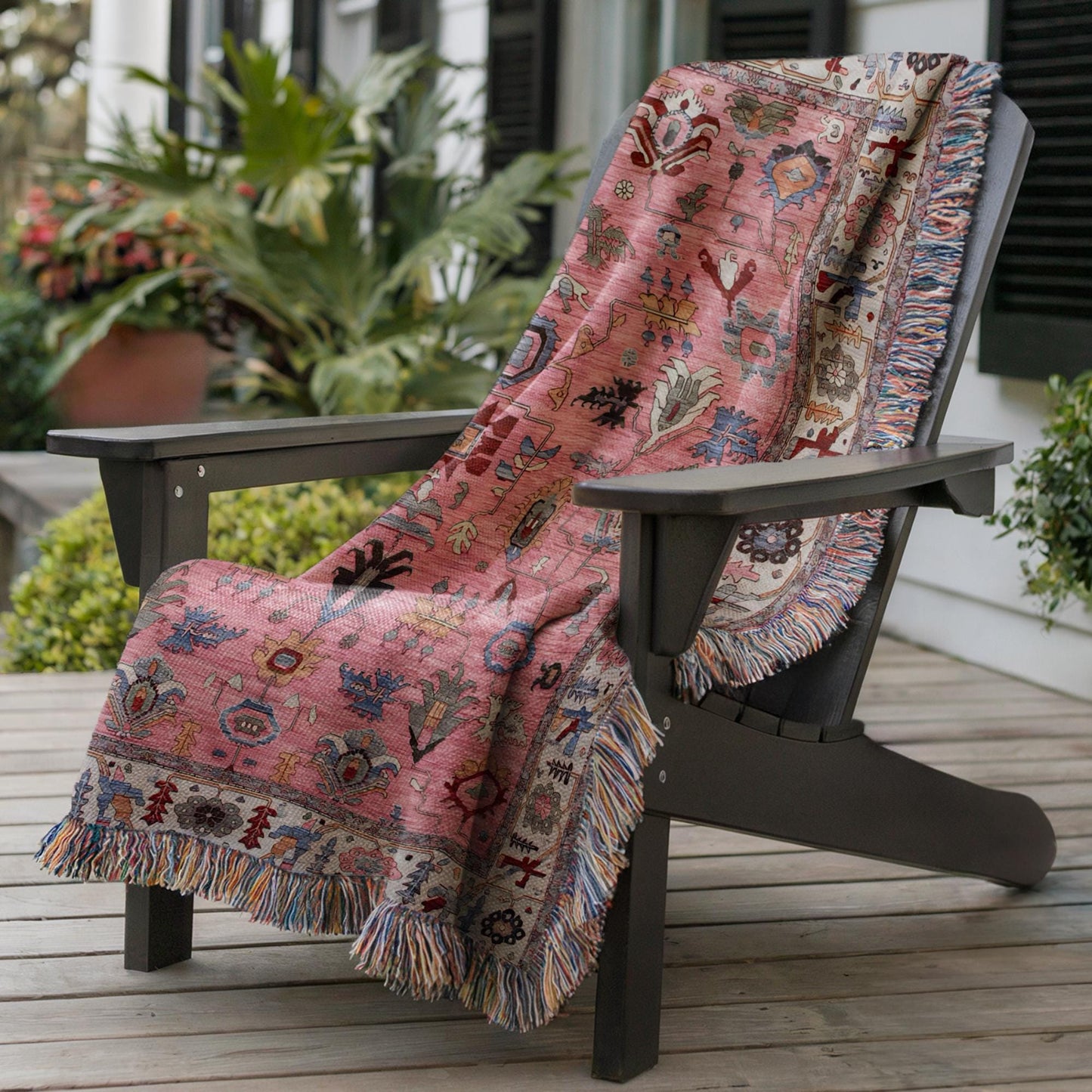 Anatolian Inspired outdoor woven throw blanket with rug-style pattern for patio styling