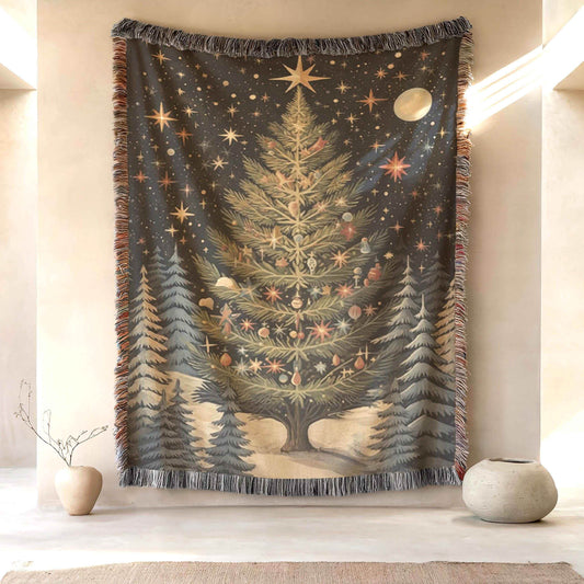 Christmas Tapestry Wall Hanging - Festive Forest Decor Woven Cotton Blanket - timelessbohochic.com
