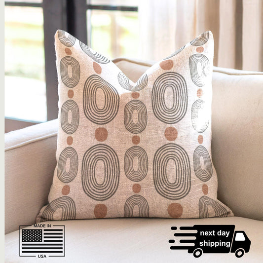 Woven Decorative Pillow - Modern Boho Throw Pillow with Black Ovals & Rust Dots
