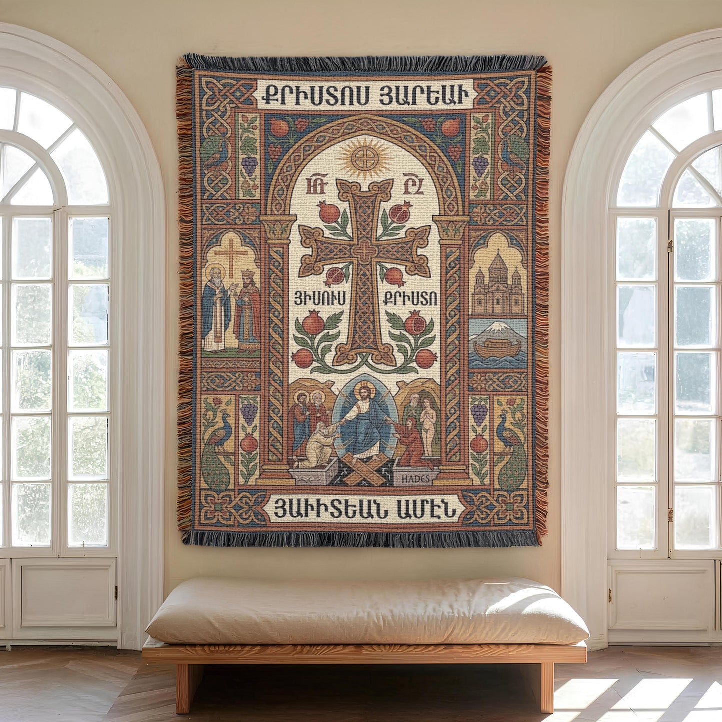 Sunlit arched window, textured Armenian Christian wall tapestry with fringed edges and script