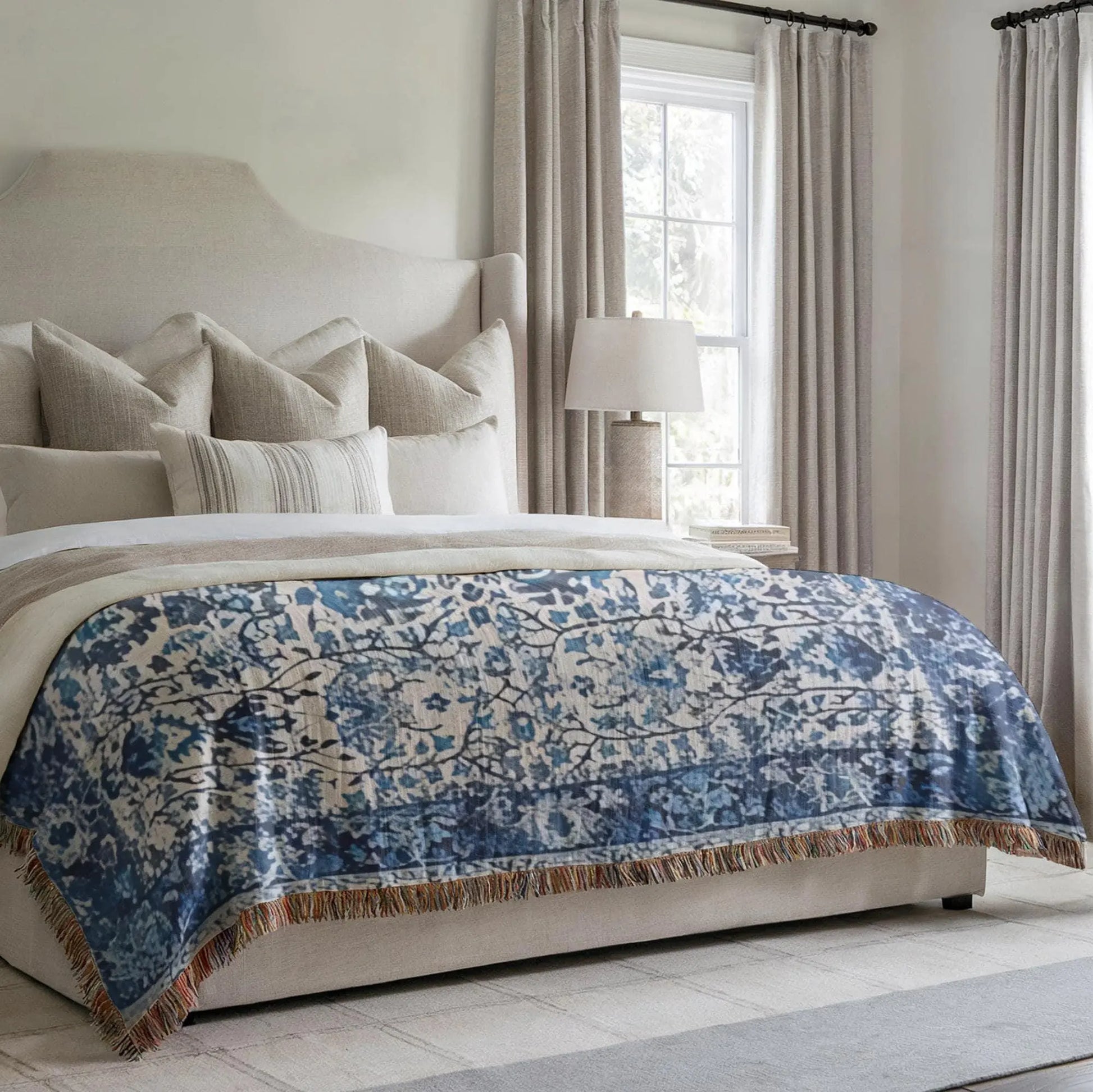 Cotton Throw Blanket - Woven Persian Pattern Rug with Fringed Edge, Soft Cozy
