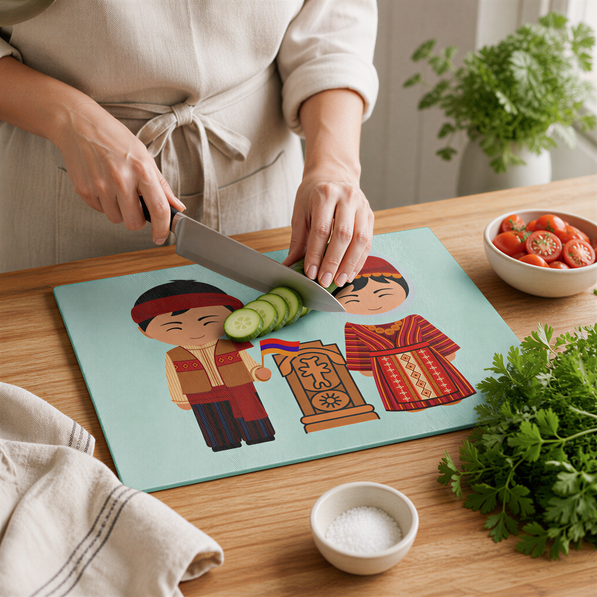 Khachkar cutting board in use, knife and sliced tomatoes on the counter beside it