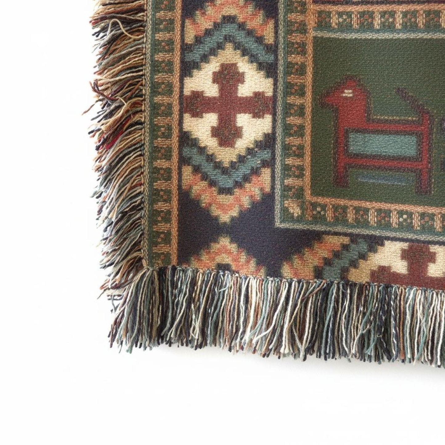 Southwestern woven wall tapestry with geometric pattern styled as textile wall decor