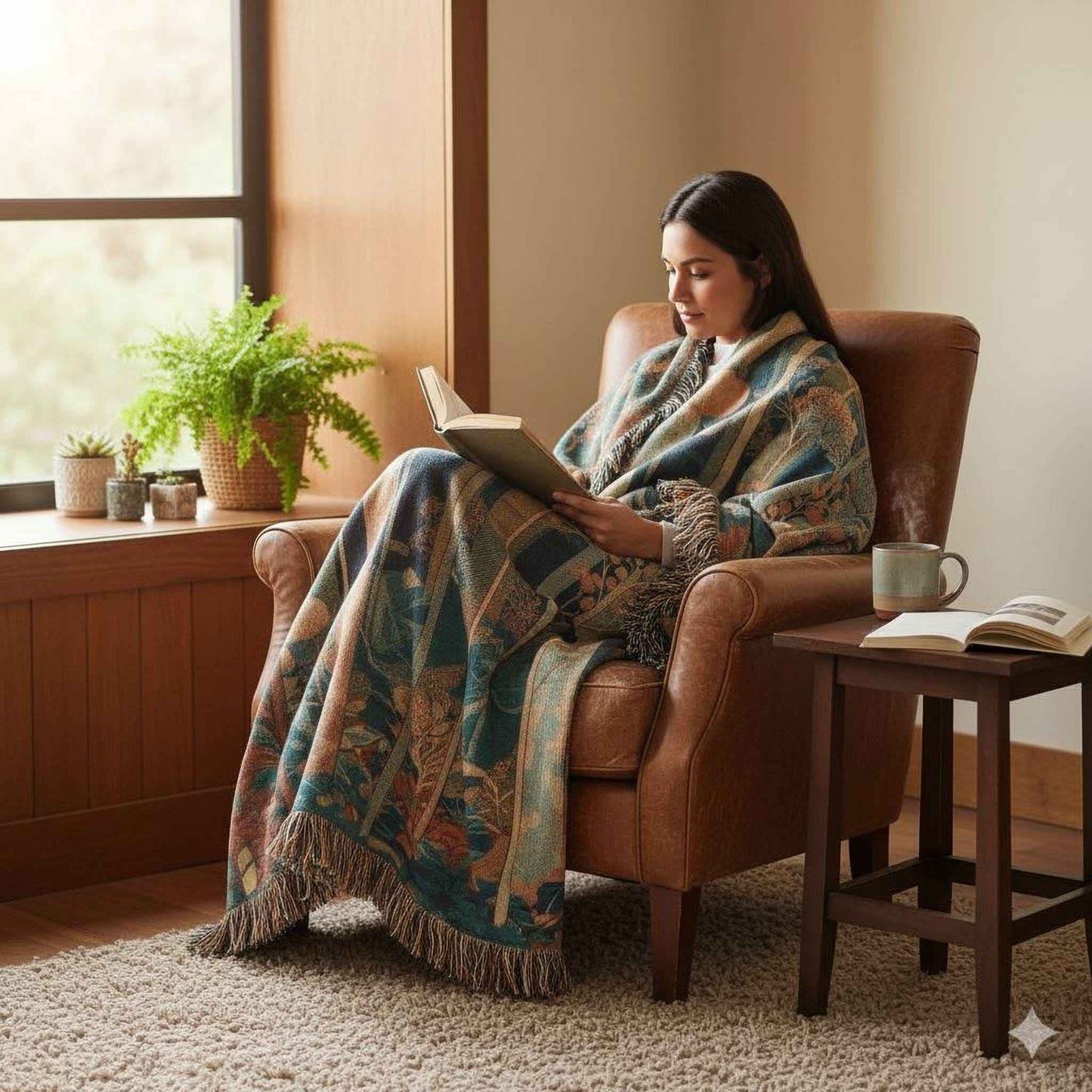 Modern Geometric woven blanket with geometric pattern styled for layered home decor