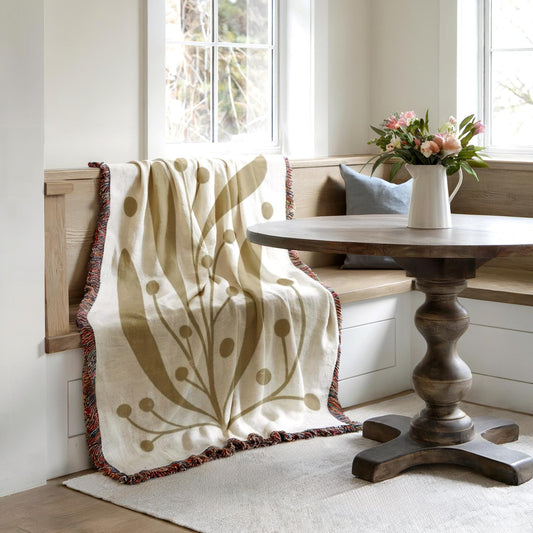 Mid Century Modern Throw - Woven Cotton Blanket with Botanical Pattern | Cozy Scandi Design