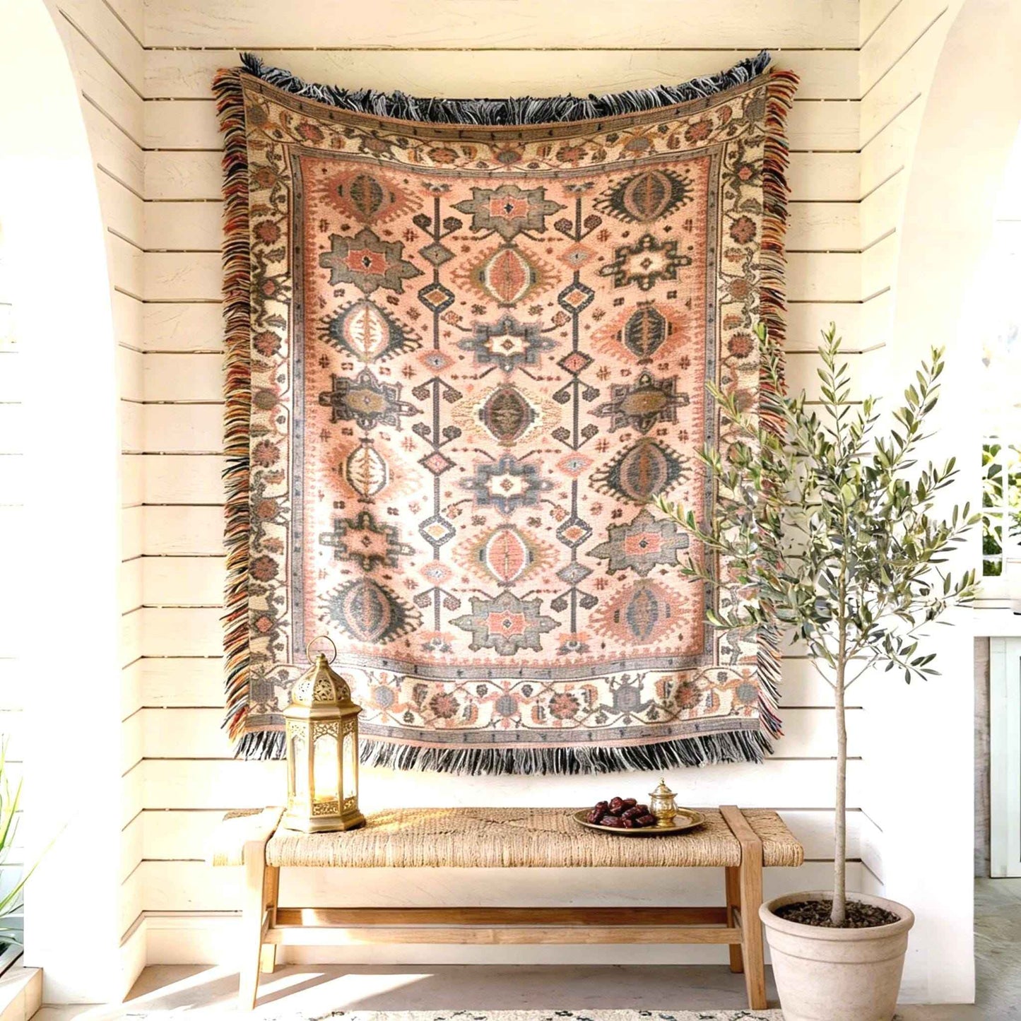 Caucasian Rug Inspired woven wall tapestry with geometric pattern styled as textile wall decor