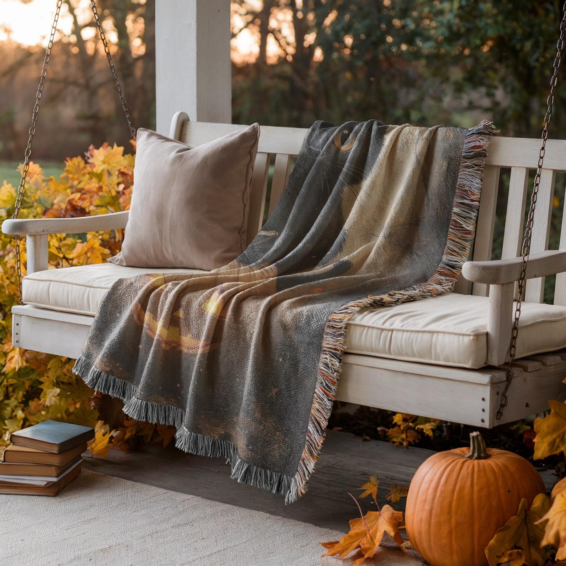 Halloween Woven Blanket - Black Cat Pumpkin Throw With Fringed Edge Cozy Decor