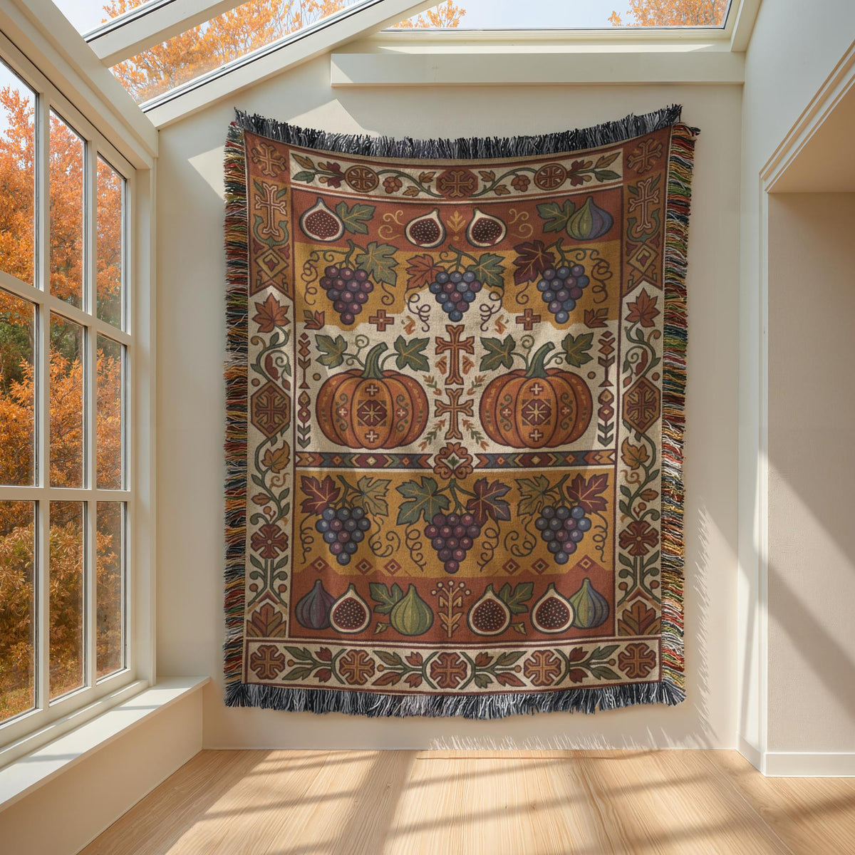 Grape and fig Armenian Ghapama blanket hung flat on a wall beside a window