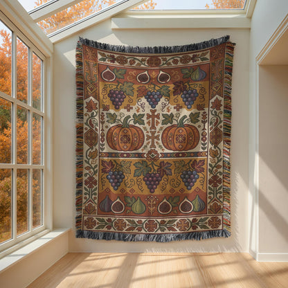 Grape and fig Armenian Ghapama blanket hung flat on a wall beside a window