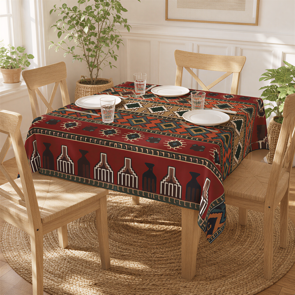 Deep red Armenian rug tablecloth on a table with wooden chairs and white plates