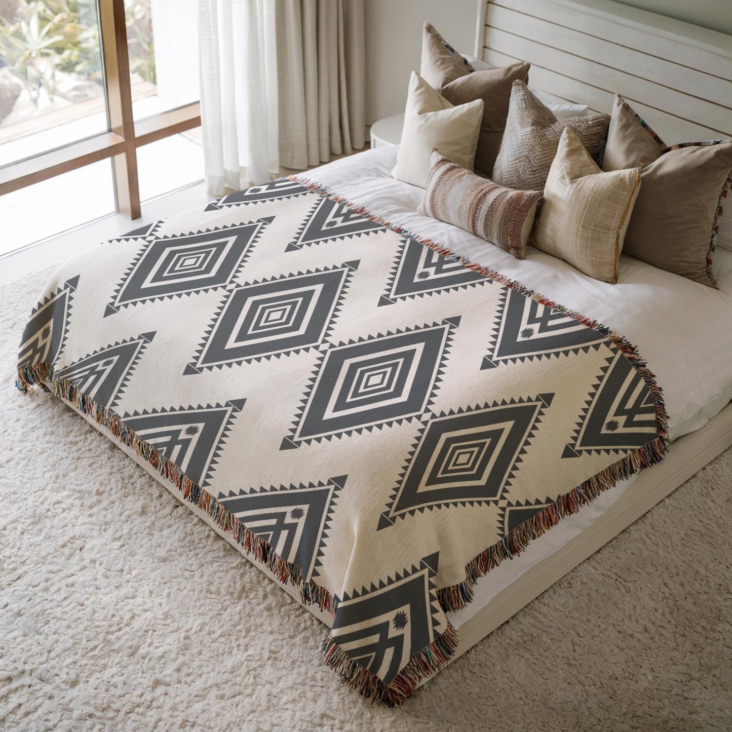 Southwestern woven blanket with geometric pattern styled for layered home decor