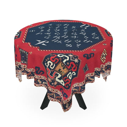 Armenian letters square tablecloth in navy and red shown flat, showing the navy centre and red border