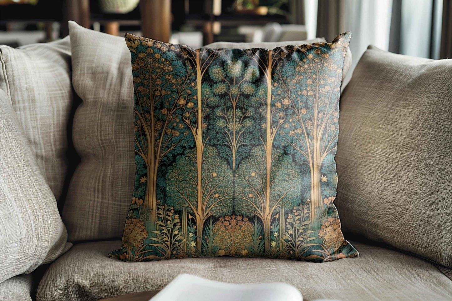 Scandinavian Inspired pillow cover with woven pattern styled on a sofa or bed