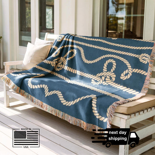 Marine Woven Blanket – Nautical Cord Throw With Colorful Fringed Edges