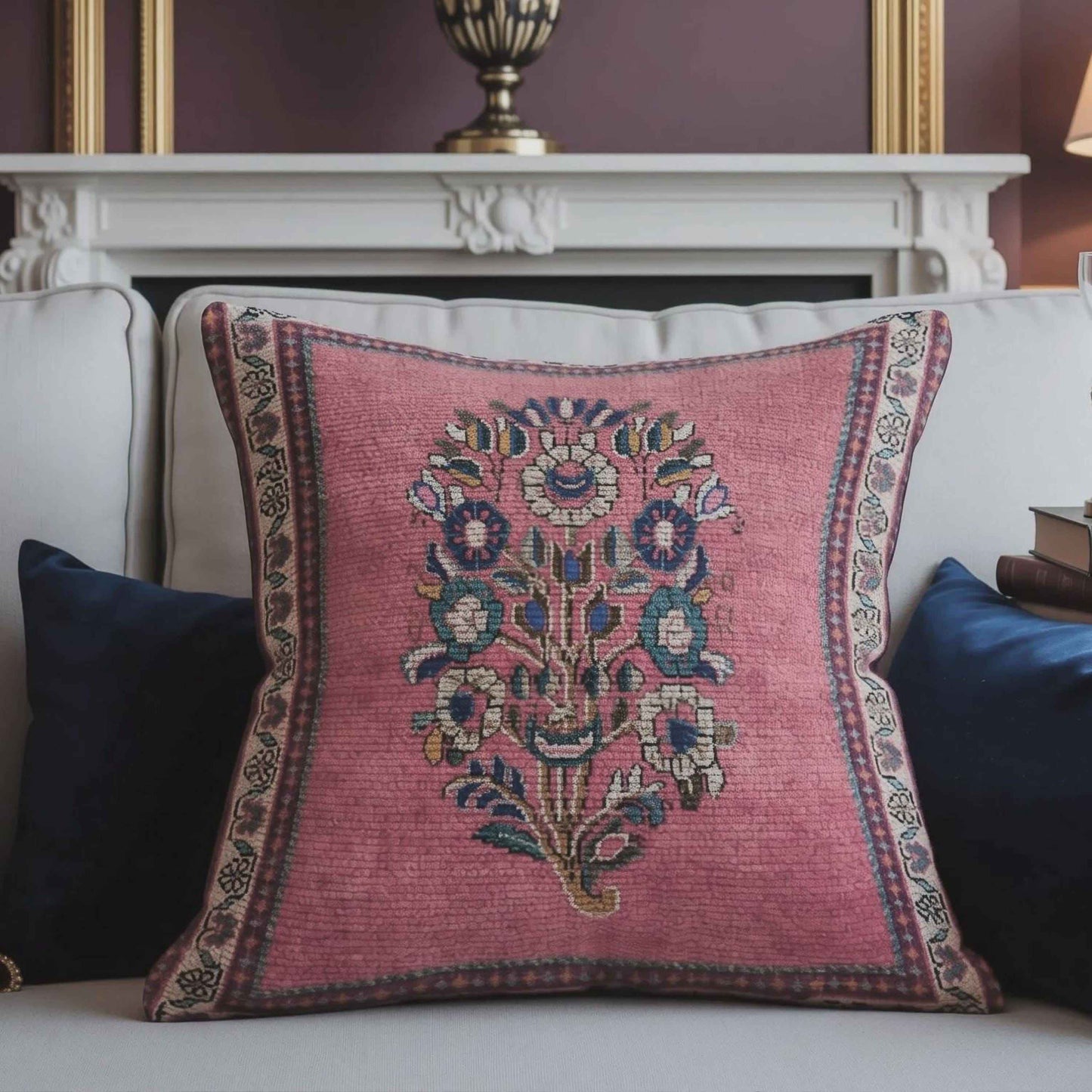 Anatolian Inspired throw pillow with floral pattern styled on a sofa or bed