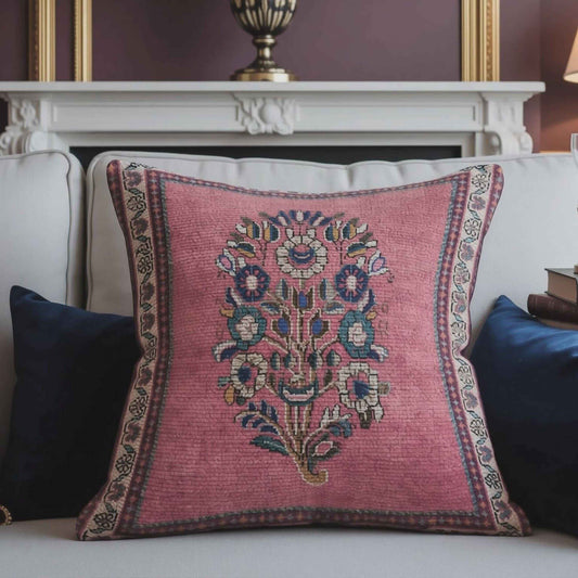 Anatolian Inspired throw pillow with floral pattern styled on a sofa or bed