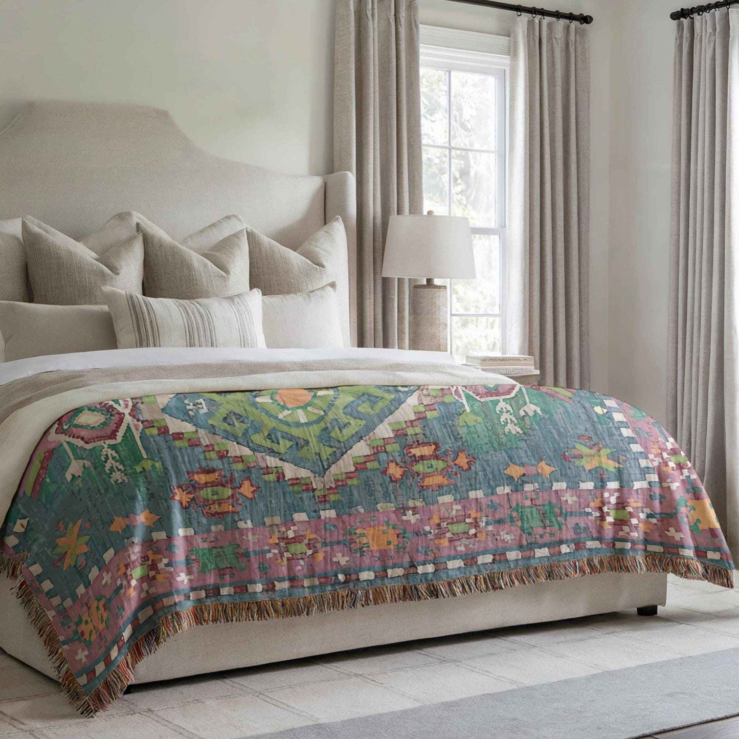 Moroccan Inspired woven blanket with woven pattern styled for layered home decor