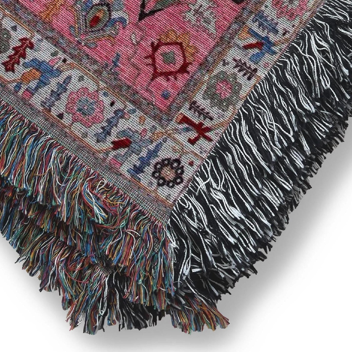 Anatolian Inspired woven blanket with rug-style pattern styled for layered home decor