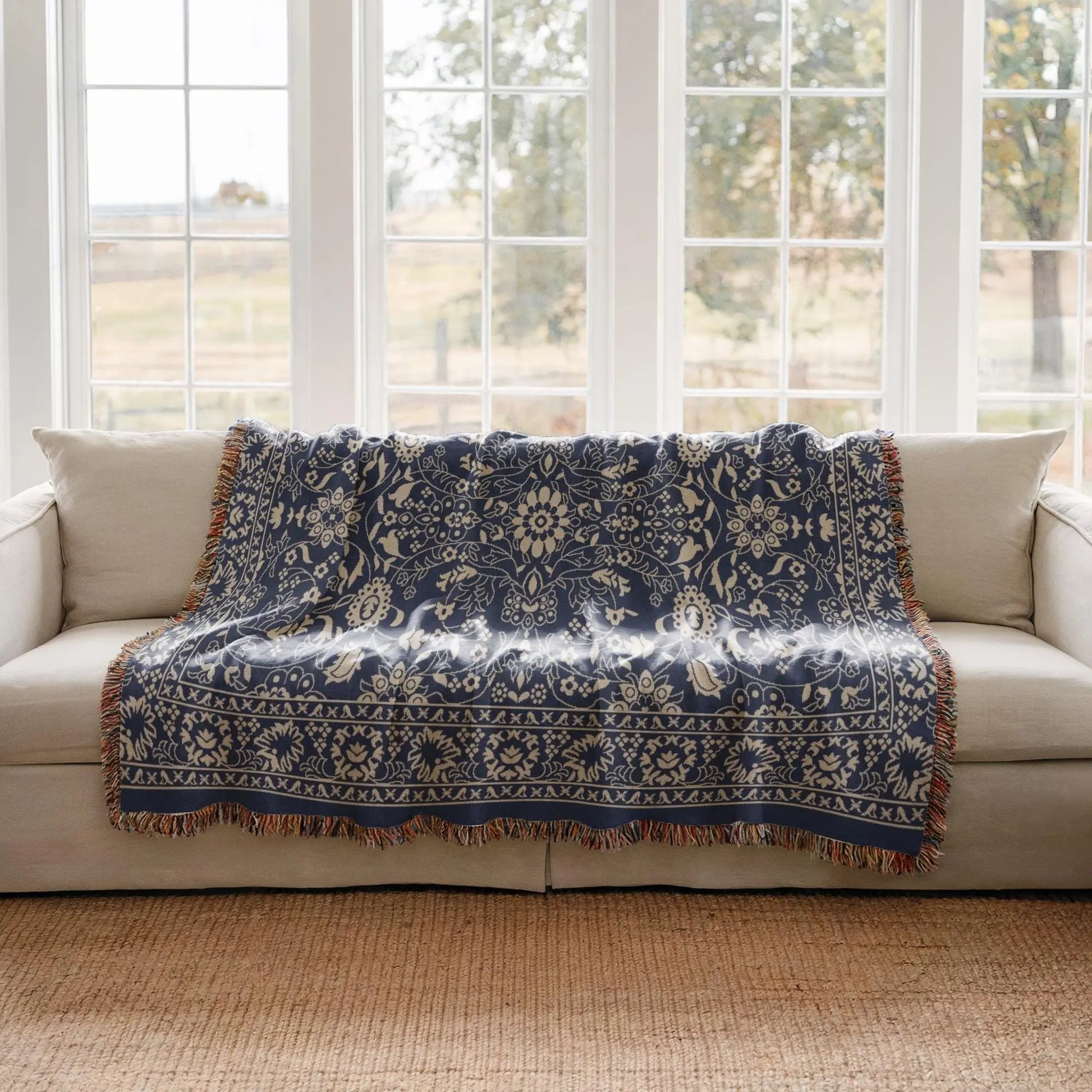 Persian Rug Throw - Boho Style Dark Blue Blanket | Handmade Woven Cotton Throw