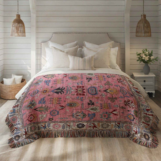 Anatolian Inspired woven blanket with rug-style pattern styled for layered home decor