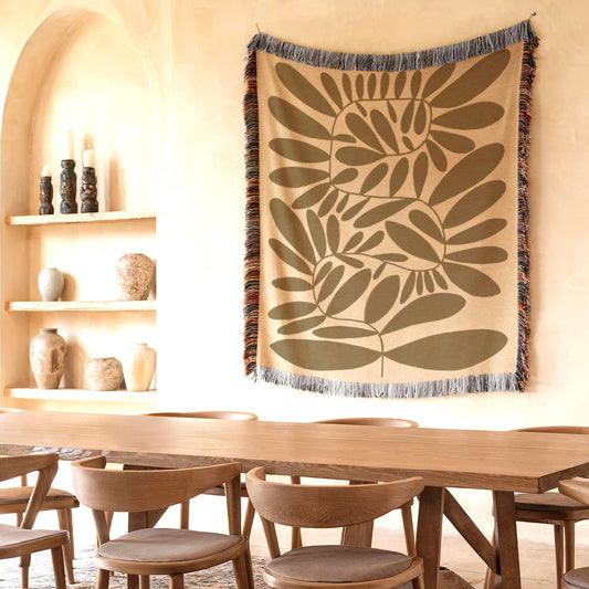 Mid Century Modern Tapestry – Scandi Woven Wall Hanging With Leaves Pattern