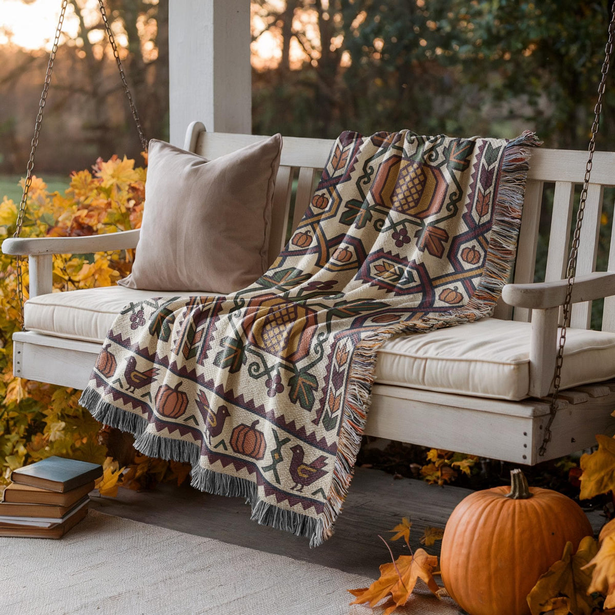 Geometric Ghapama woven blanket draped over a porch swing with a stack of books
