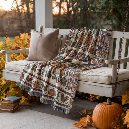 Geometric Ghapama woven blanket draped over a porch swing with a stack of books