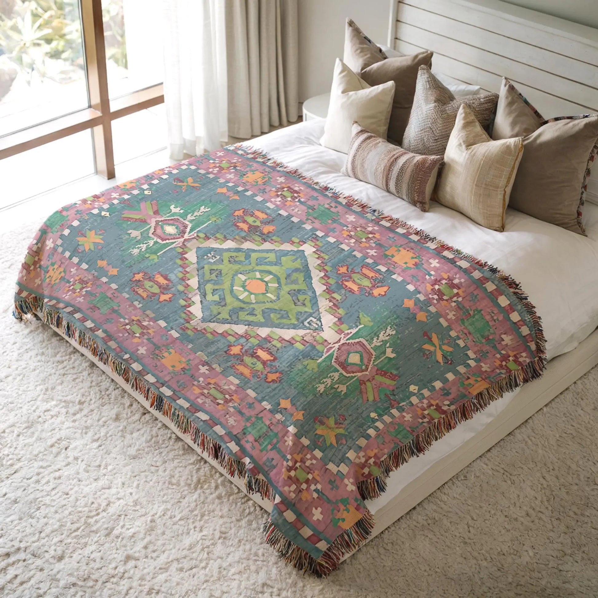 Cotton Throw Blanket – Persian Rug Throw With Colorful Fringed Edges | Boho Home Decor