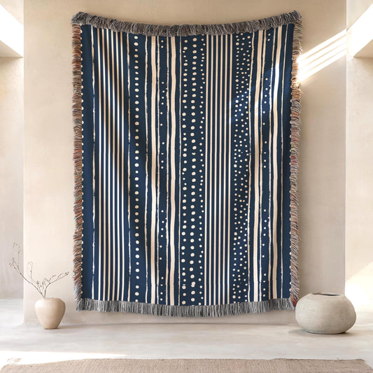Cotton Throw Blanket – Woven Couch Throw With Blue & White Dots Pattern