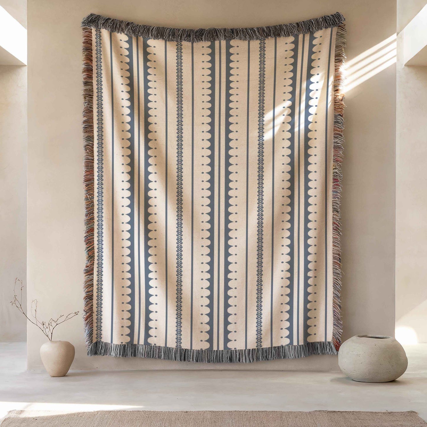 Modern Geometric woven blanket with geometric pattern styled for layered home decor