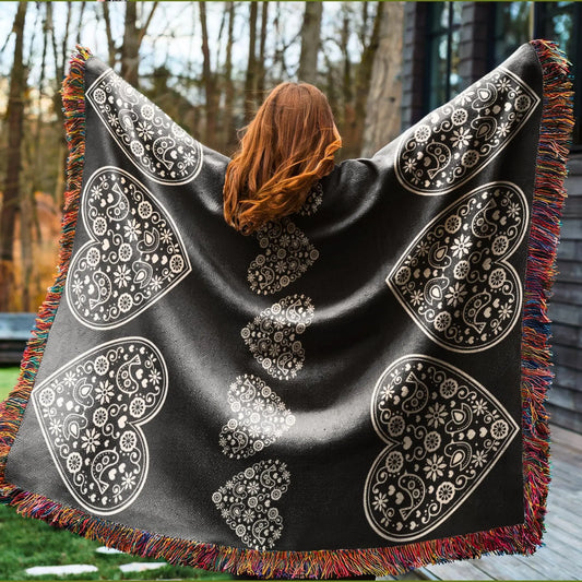 Cotton Woven Blanket – Scandinavian Throw With Scandi Hearts Pattern & Fringed Edges