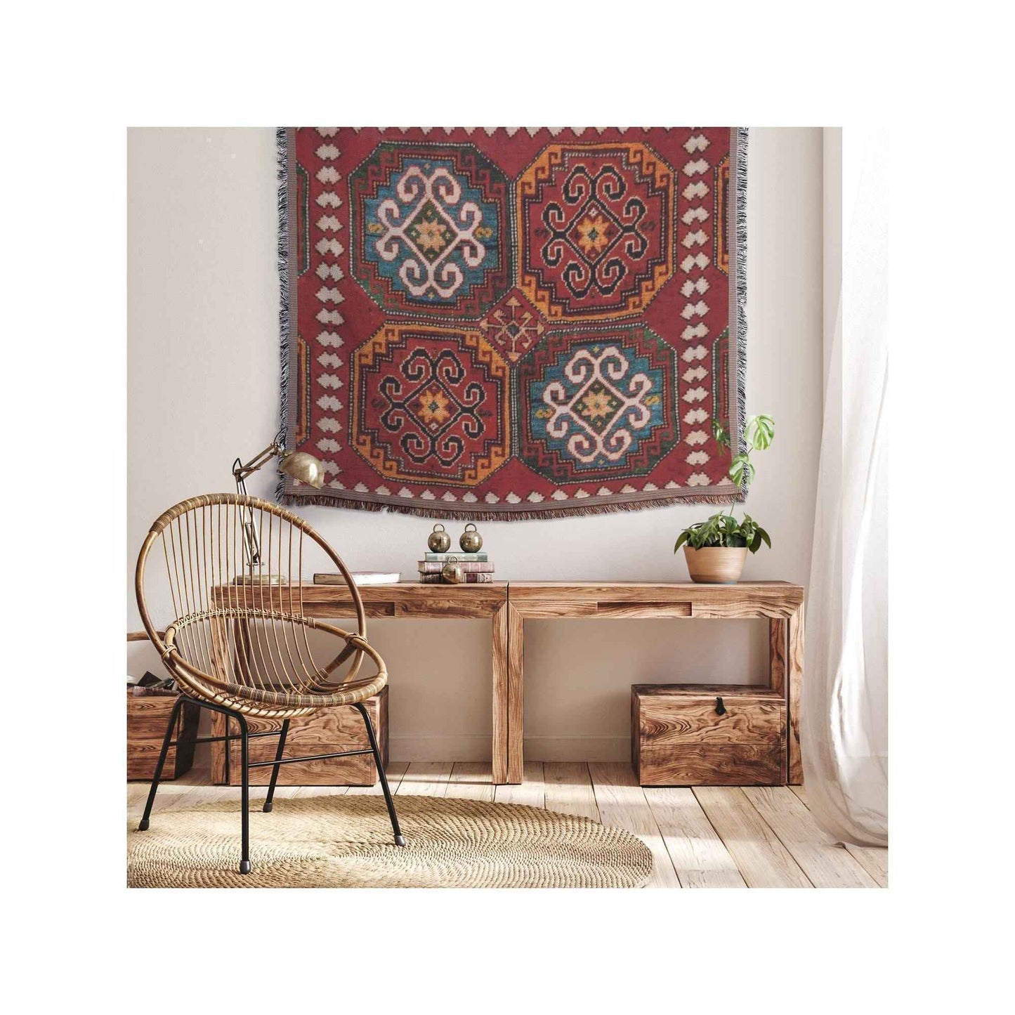 Moroccan Inspired woven blanket with woven pattern styled for layered home decor