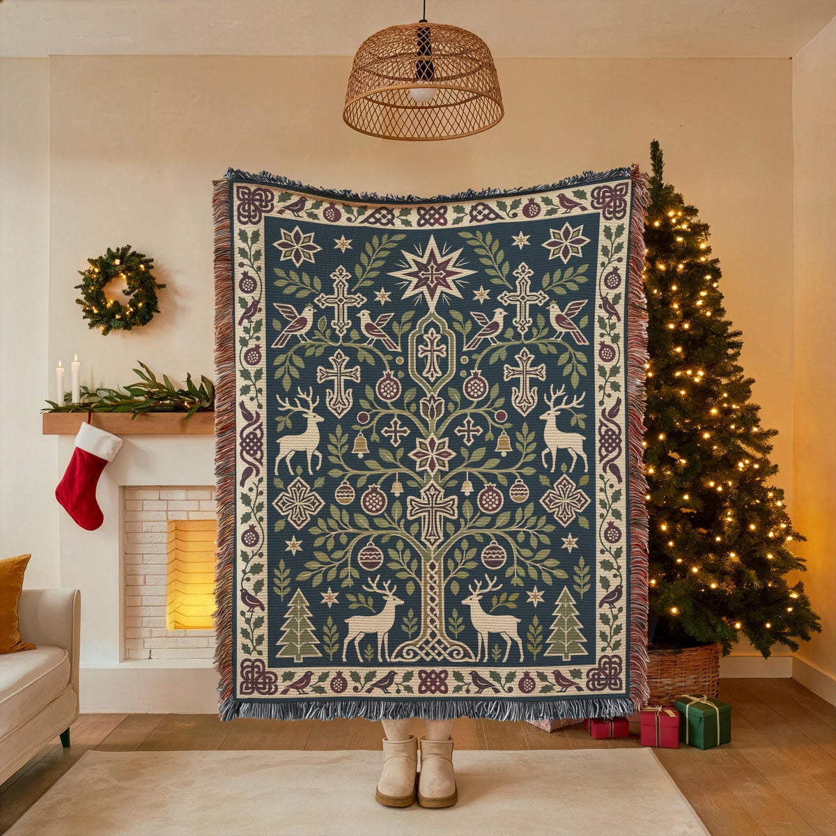 A person stands in front of a large, intricately designed, and colorful blanket with a tree motif, surrounded by Christmas decorations and gifts.