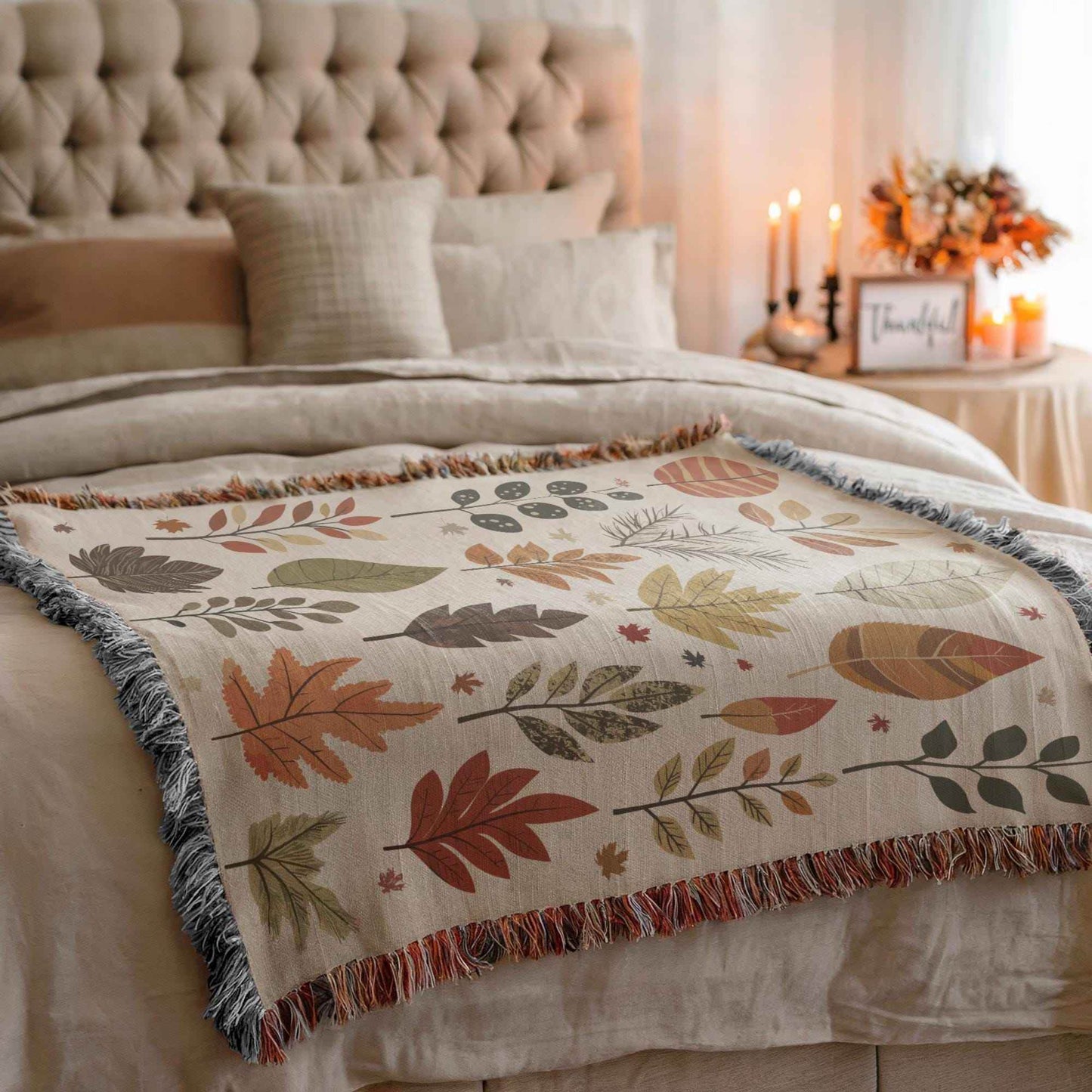 Fall Cotton Blanket – Autumn Leaves Throw With Fringed Edge For Cozy Comfort - timelessbohochic.com
