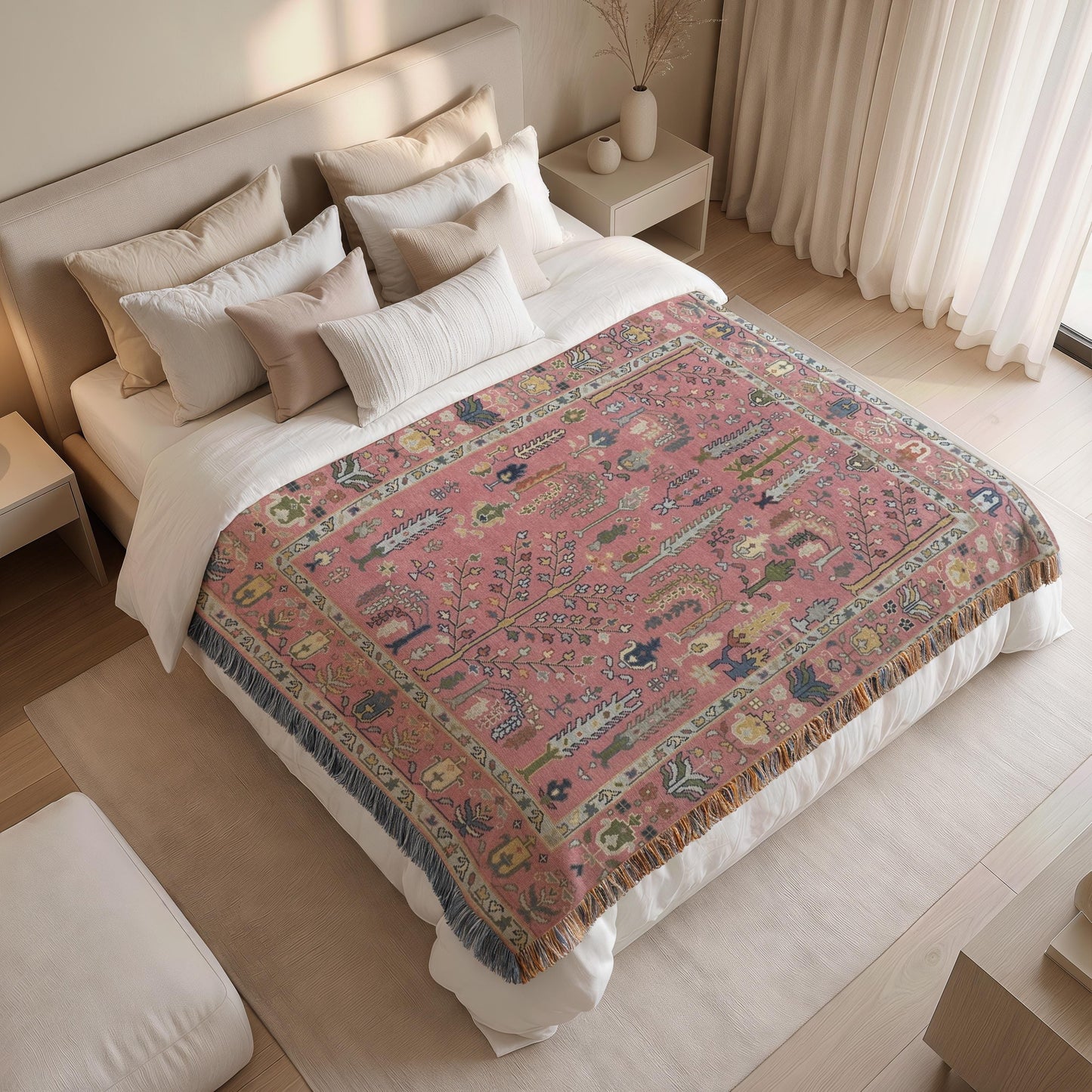 Anatolian Inspired woven blanket with rug-style pattern styled for layered home decor
