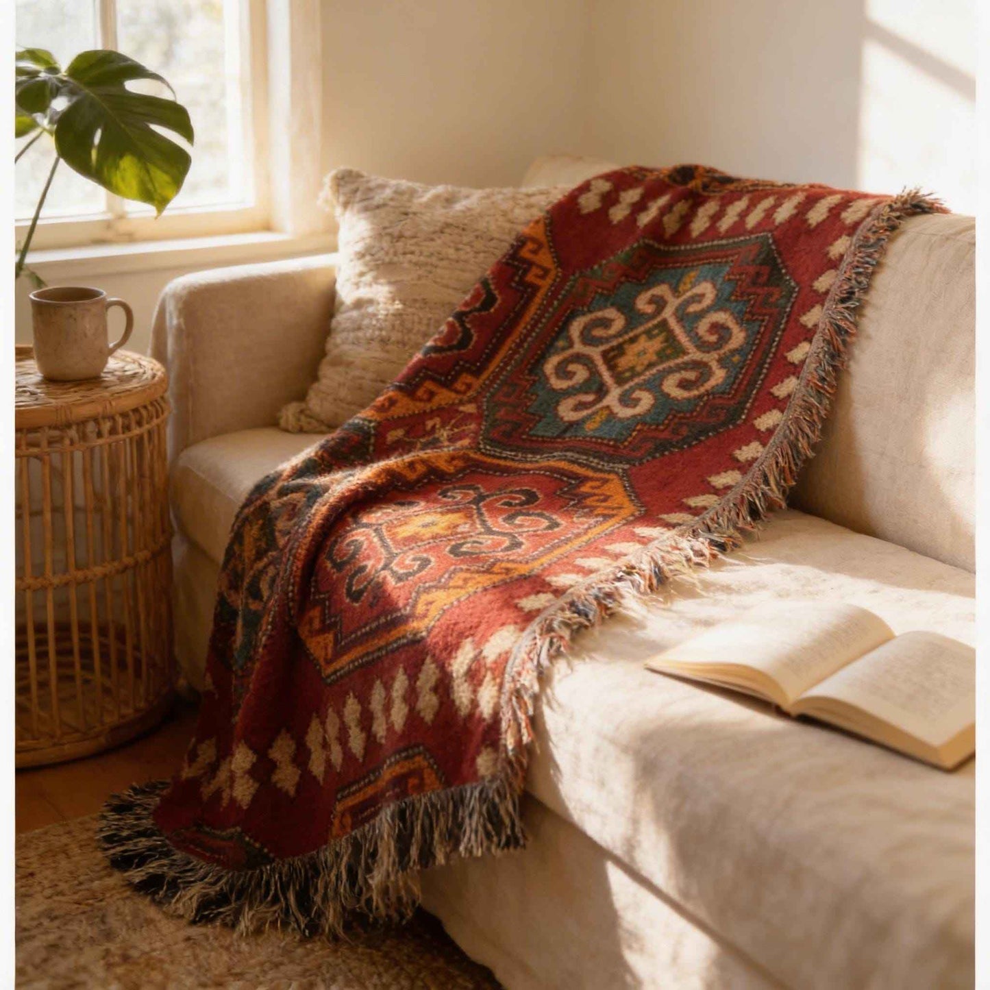 Moroccan Inspired woven blanket with woven pattern styled for layered home decor