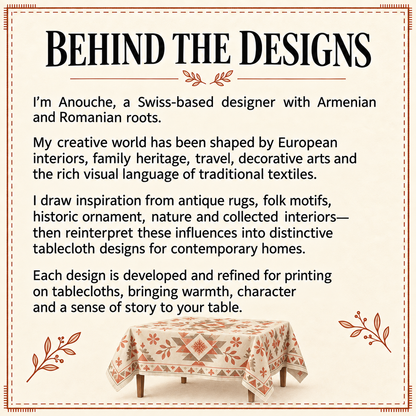 Behind the designs card: a note from Anouche, the designer, on her Armenian and Romanian roots