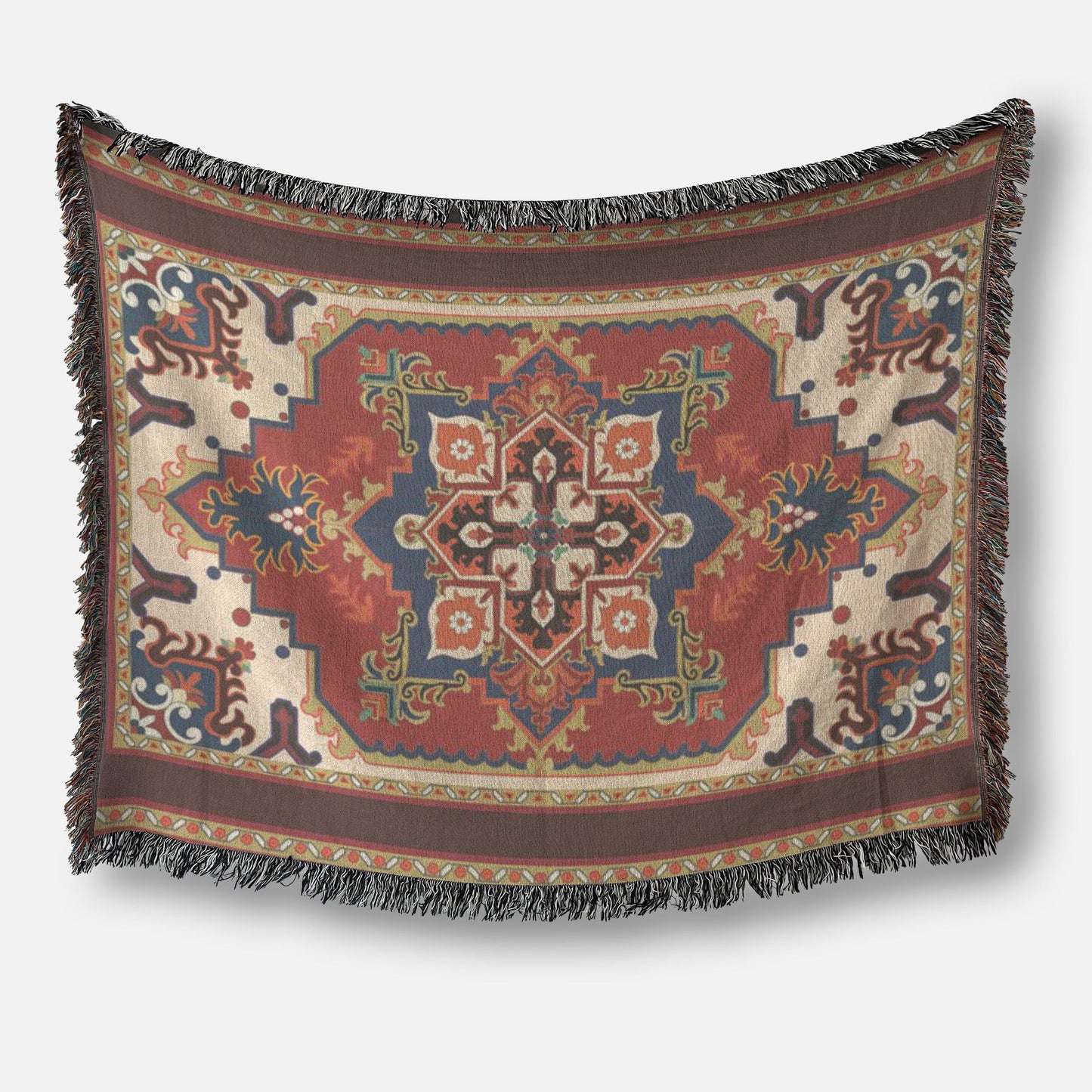 Moroccan Inspired woven blanket with rug-style pattern styled for layered home decor