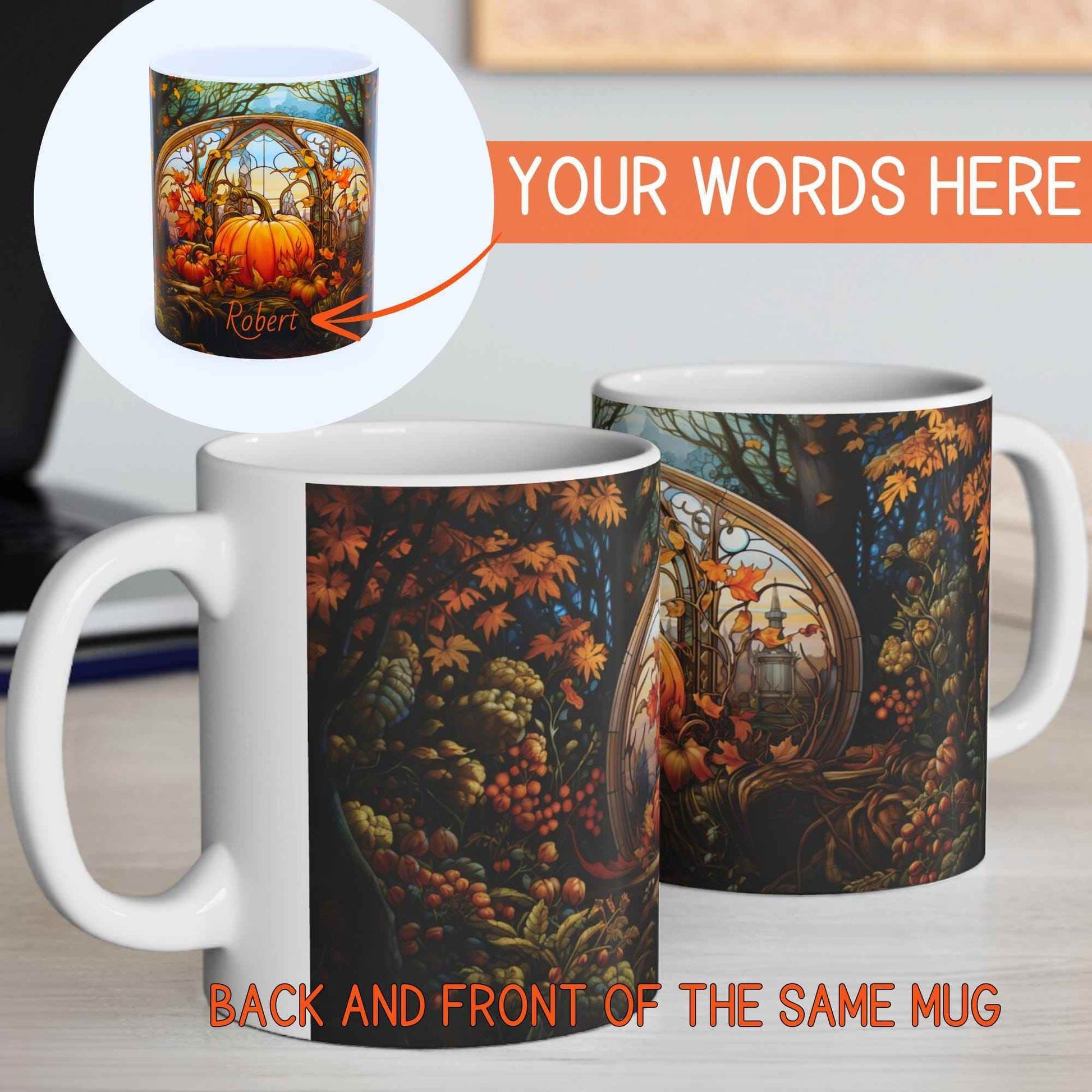 Fall Pumpkin Mug - Personalized Ceramic Mug With Stained Glass Design, 11oz - timelessbohochic.com