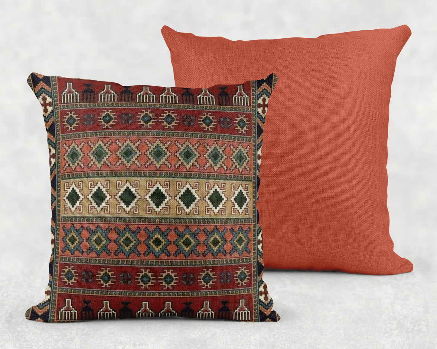 Anatolian Inspired woven blanket with rug-style pattern styled for layered home decor