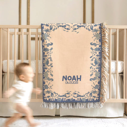Personalized Baby Blanket - Ocean Theme Woven Throw with Name & Date, Custom Cotton