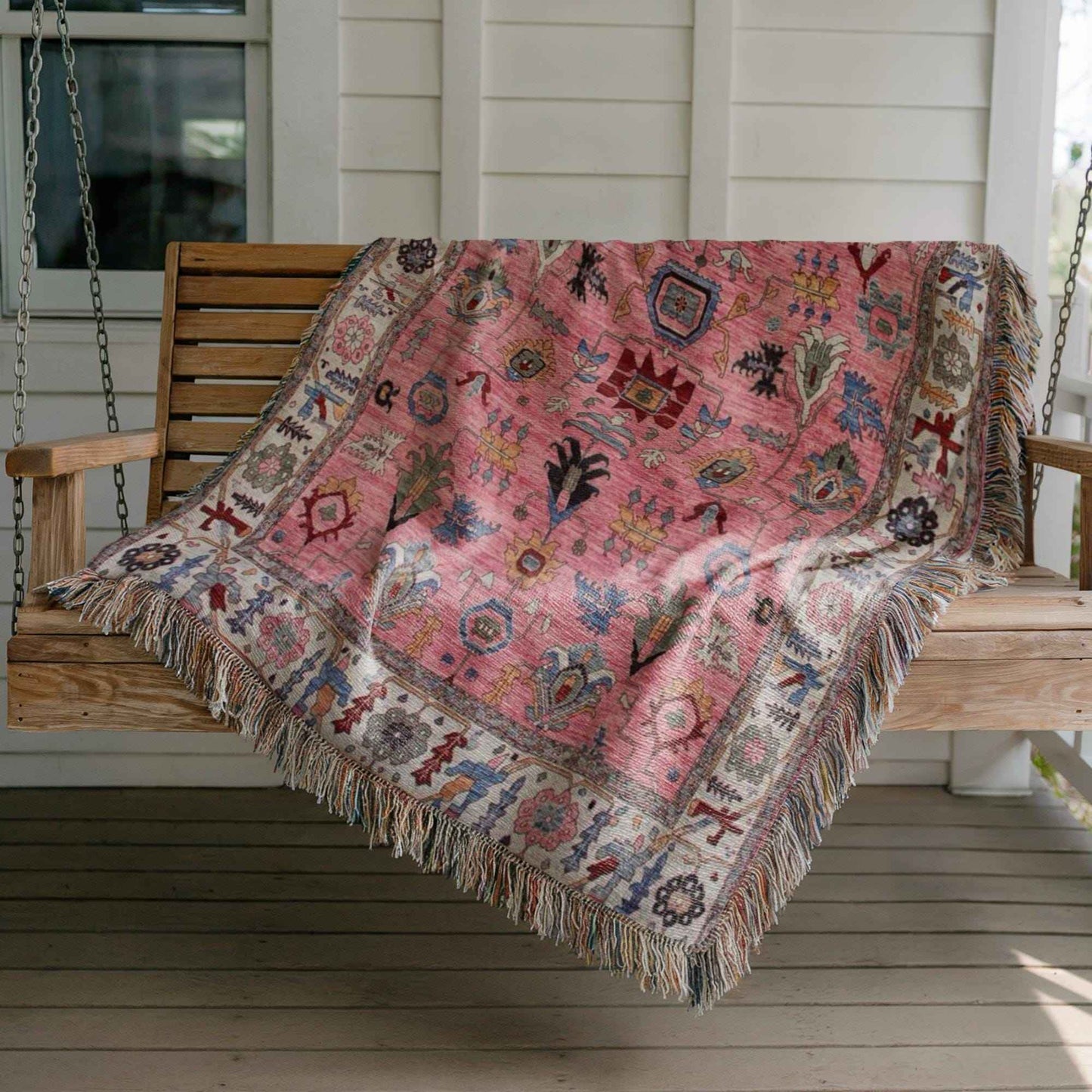Anatolian Inspired outdoor woven throw blanket with rug-style pattern for patio styling