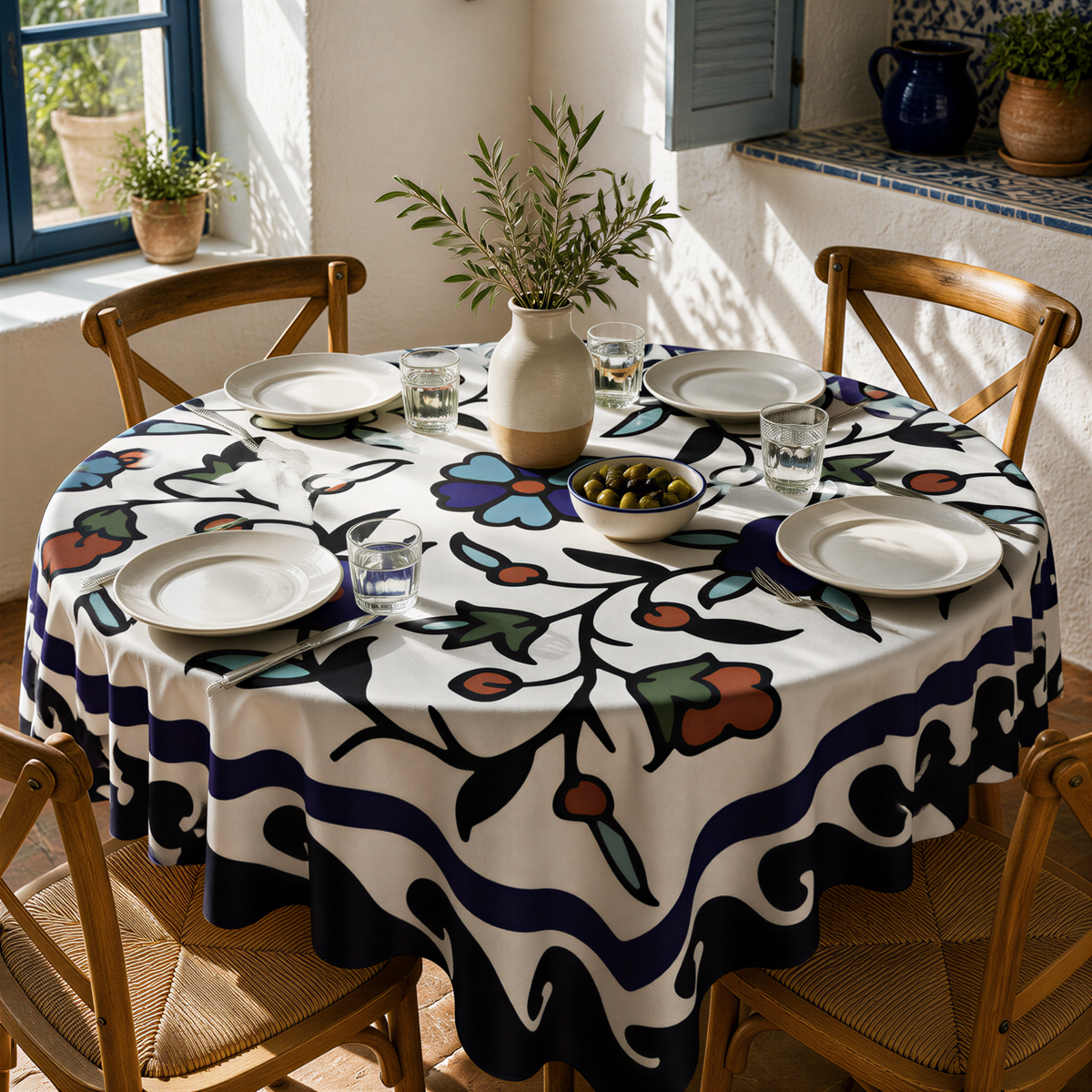 Navy bordered Armenian square tablecloth on a round table with plates and a vase of olive branches