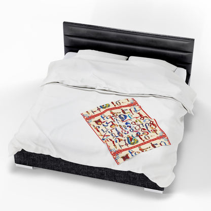 Armenian alphabet plush blanket with bird and animal letters on cream, patterned red border