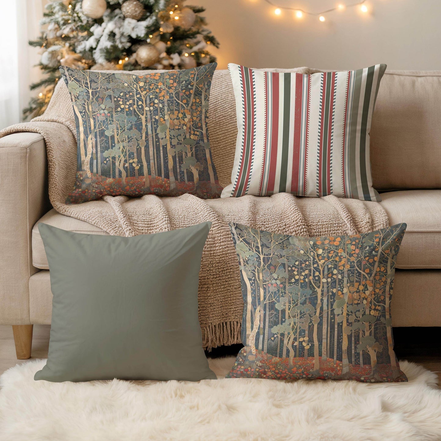 Art Deco Cushion - Retro Style Pillow with Forest Design | Woven Cotton 18x18 - timelessbohochic.com