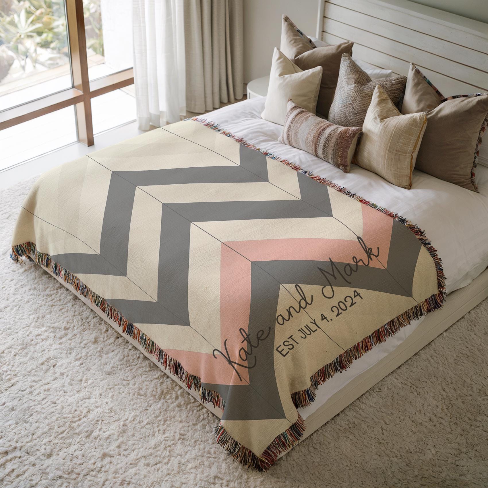 Personalized Throw Blanket - Custom Wedding Throw With Zigzag Chevron Design