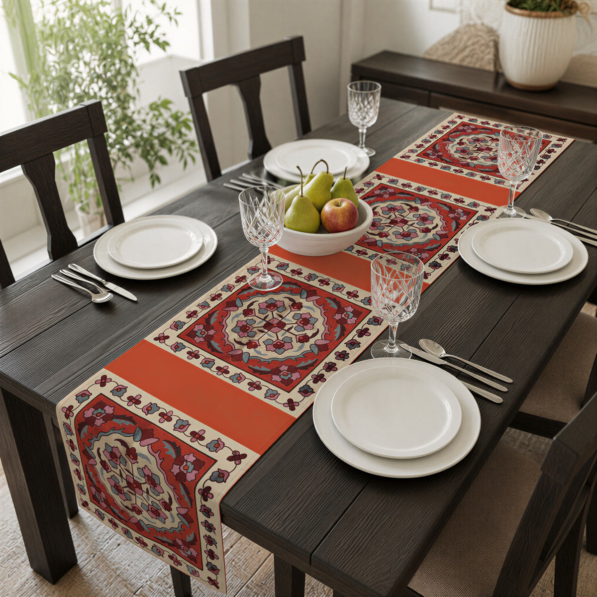 Western Armenian carpet table runner in red and cream shown on a dark wood dining table