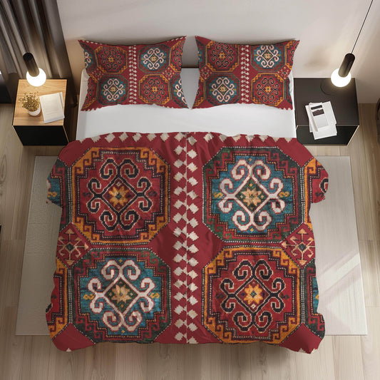 Caucasian Rug Duvet - Armenian Pattern Bedding Set | Soft Breathable 3 Piece Cover - timelessbohochic.com