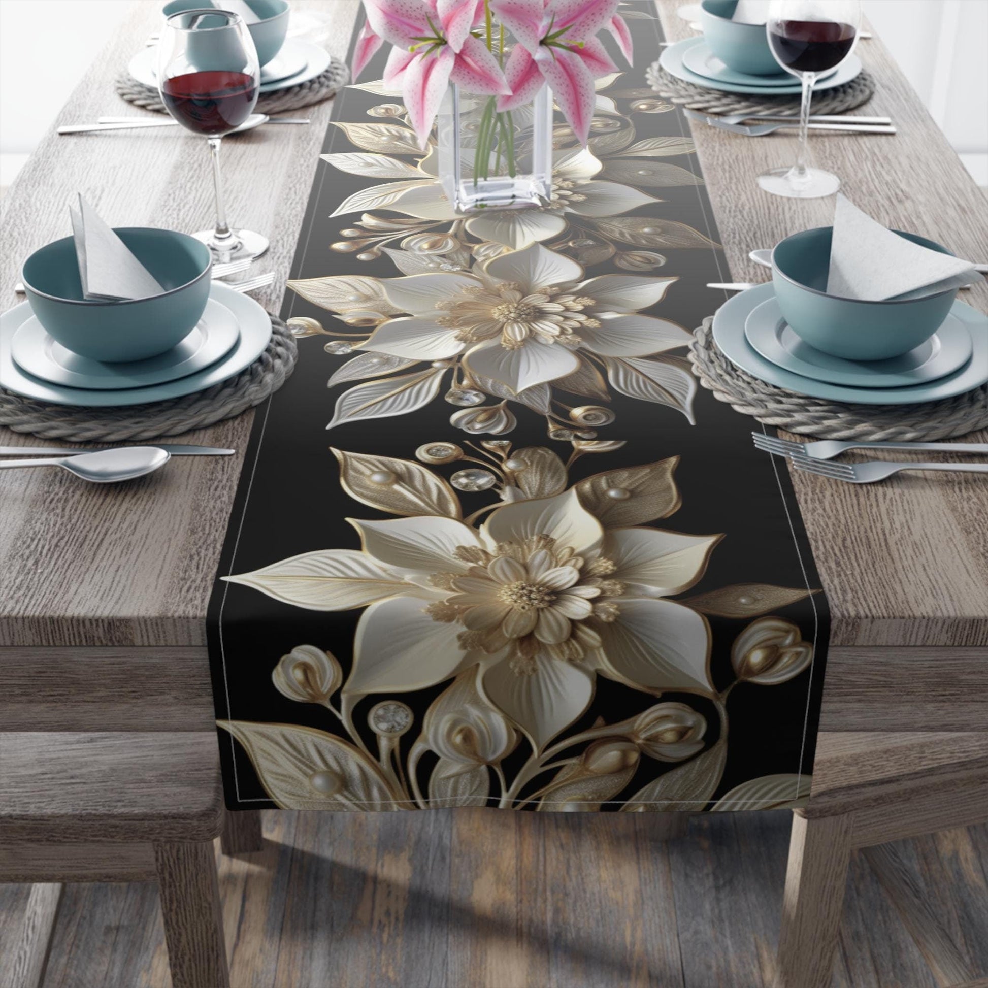 Poinsettia Table Runner - Elegant White Gold Christmas Table Decor & Dining Accent